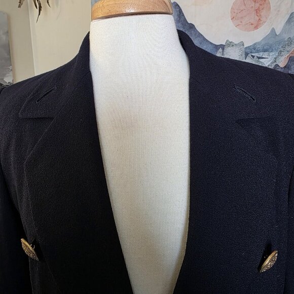 Linda Allard Ellen Tracy Blazer Women’s 8 Navy Wool Double Breasted Gold - Picture 14 of 16